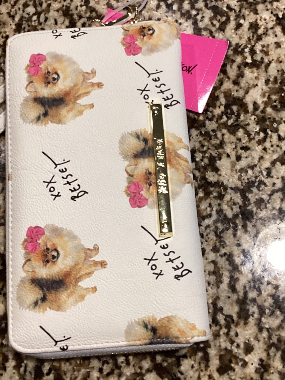 Betsey Johnson Pomeranian Print Zip Wallet - White with Pink Accents